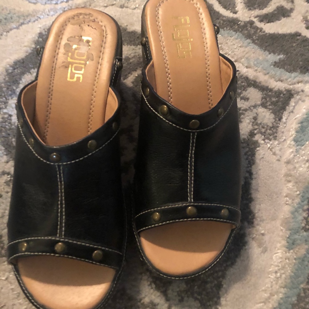 Black, slip on sandals.